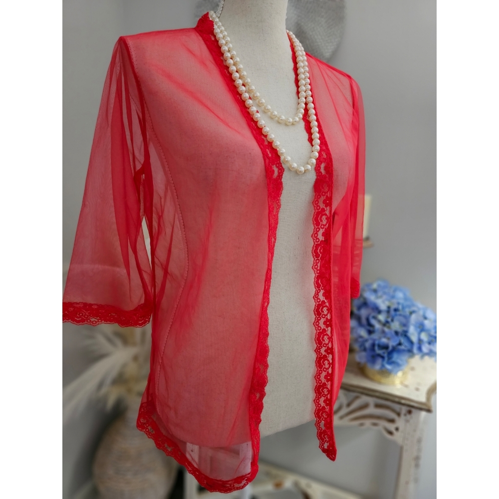 Delicate Intimates Vintage Traffic Jam Red Sheer Lace Trim Open Lingerie Top